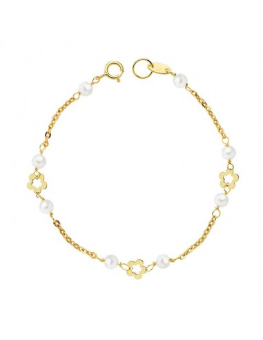 18K PULSERA ORO AMARILLO PERLAS 3 5 MM Y FLORES 12CM