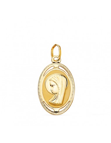 18K MEDALLA ORO AMARILLO OVAL VIRGEN NIÑA CON BORDE TALLADO Y CALADO 19X12 MM