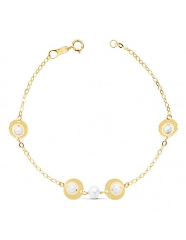 18K PULSERA ORO AMARILLO COMUNION PERLAS Y MOTIVOS. 18CM