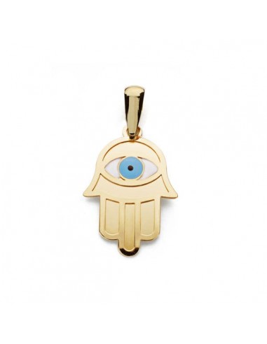 18K COLGANTE AMULETO ORO AMARILLO MANO DE FATIMA Y OJO TURCO 19X13 MM