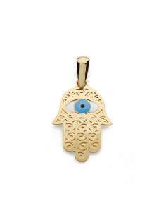 18K COLGANTE AMULETO ORO AMARILLO MANO DE FATIMA Y OJO TURCO 19X13 MM