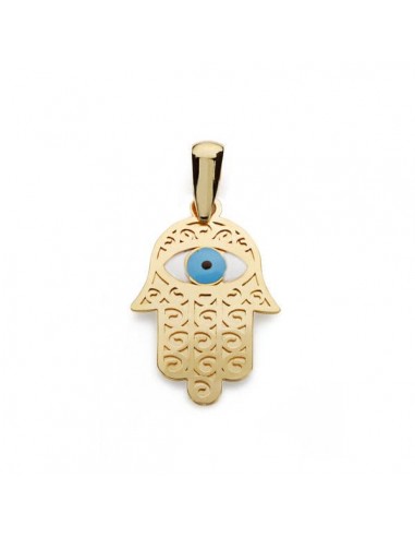 18K COLGANTE AMULETO ORO AMARILLO MANO DE FATIMA Y OJO TURCO 19X13 MM