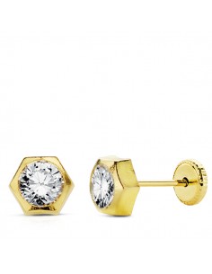 18K PENDIENTES ORO AMARILLO HEXAGONO CIRCONITA 6MM.