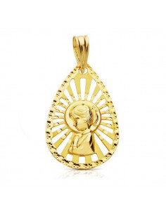 18K MEDALLA ORO AMARILLO VIRGEN NIÑA CERCO CALADO 22X19 MM