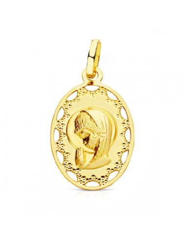 18K MEDALLA ORO AMARILLO VIRGEN NIÑA OVAL CERCO CALADO 23X14 MM