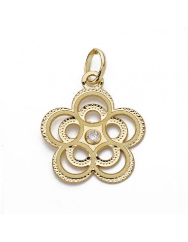 18K COLGANTE AMULETO ORO AMARILLO FLOR CALADA CIRCONITA 17X15 MM