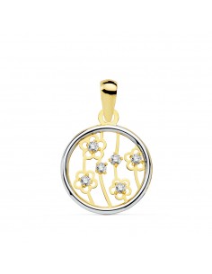 18K COLGANTE REDONDO BICOLOR FLORES. 12MM