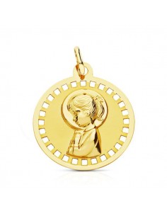 18K MEDALLA ORO AMARILLO VIRGEN NIÑA REDONDA CALADA 18 MM