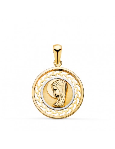 18K MEDALLA ORO BICOLOR VIRGEN NIÑA REDONDA CERCO CALADO. MEDIDA: 17 MM