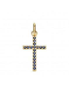 18K CRUZ ORO AMARILLO CON CIRCONITAS AZULES. MEDIDA: 18X10 MM