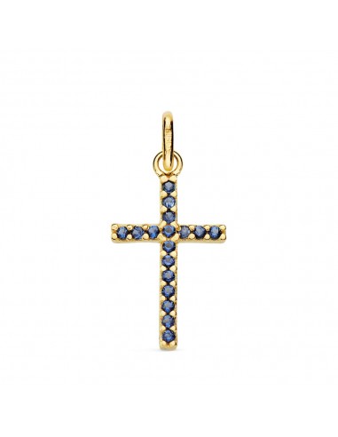 18K CRUZ ORO AMARILLO CON CIRCONITAS AZULES. MEDIDA: 18X10 MM