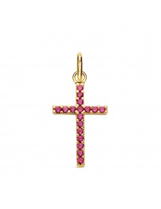 18K CRUZ ORO AMARILLO CON CIRCONITAS ROJAS. MEDIDA: 18X10 MM