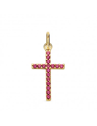 18K CRUZ ORO AMARILLO CON CIRCONITAS ROJAS. MEDIDA: 18X10 MM