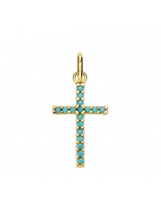 18K CRUZ ORO AMARILLO PIEDRAS TURQUESAS 16X10 MM