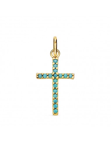 18K CRUZ ORO AMARILLO PIEDRAS TURQUESAS 16X10 MM