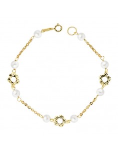 18K PULSERA ORO AMARILLO FLOR Y PERLAS 5 MM 18CM
