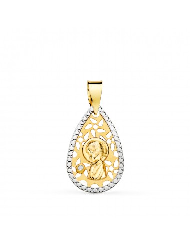 18K MEDALLA ORO AMARILLO ORO BICOLOR VIRGEN NIÑA CALADA BORDES TALLADOS 19X12 MM