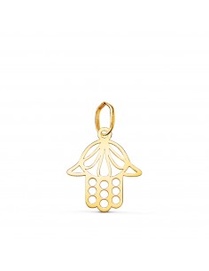 18K COLGANTE AMULETO ORO AMARILLO MANO DE FATIMA CALADA EN BRILLO. MEDIDA: 16 X 14 MM