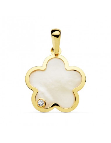 18K COLGANTE AMULETO ORO AMARILLO FLOR NACAR CIRCONITA 17X17 MM