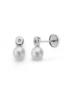 18K PENDIENTES ORO BLANCO PERLA 3 MM DIAMANTES NATURALES SI-H TALLA BRILLANTE 0 012 QTS. CIERRE TUERCA