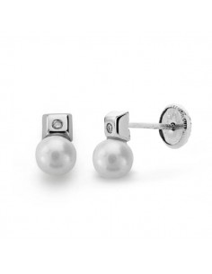 18K PENDIENTES ORO BLANCO PERLA 3 MM DIAMANTES NATURALES SI-H TALLA BRILLANTE 0 012 QTS. CIERRE TUERCA
