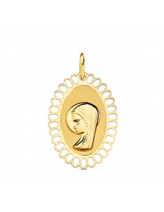 18K MEDALLA ORO AMARILLO VIRGEN NIÑA CERCO OVAL CALADO 21X16 MM