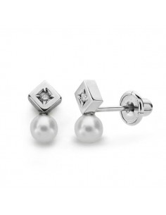18K PENDIENTES ORO BLANCO PERLA 3 MM DIAMANTES NATURALES SI-H TALLA BRILLANTE 0 012 QTS. CIERRE TUERCA
