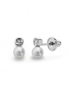 18K PENDIENTES ORO BLANCO PERLA 3 MM DIAMANTES NATURALES SI-H TALLA BRILLANTE 0 012 QTS. CIERRE TUERCA