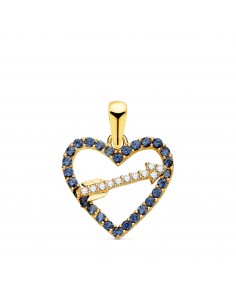 18K COLGANTE ORO AMARILLO CORAZON CON CIRCONITA AZULES Y FLECHA 15 X 14MM C. AMOR