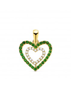 18K COLGANTE ORO AMARILLO CORAZONES CON CIRCONITA VERDES Y BLANCAS 15 X 14MM