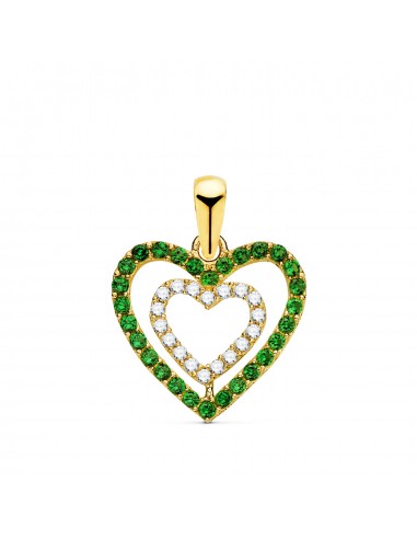 18K COLGANTE ORO AMARILLO CORAZONES CON CIRCONITA VERDES Y BLANCAS 15 X 14MM