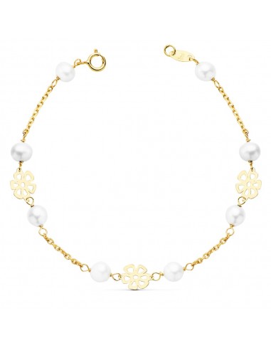18K PULSERA ORO AMARILLO COMUNION FLORES CALADAS 17CM