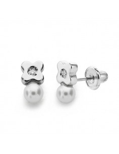 18K PENDIENTES ORO BLANCO PERLA 3 MM DIAMANTES NATURALES SI-H TALLA BRILLANTE 0 012 QTS. CIERRE TUERCA
