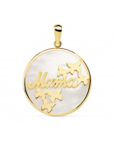 18K COLGANTE ORO AMARILLO MAMA NACAR MARIPOSAS 20 MM
