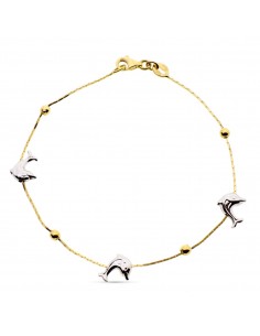 18K PULSERA ORO BICOLOR DELFINES Y BOLAS LISAS.
