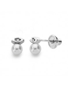 18K PENDIENTES ORO BLANCO PERLA 3 MM DIAMANTES NATURALES SI-H TALLA BRILLANTE 0 012 QTS. CIERRE TUERCA