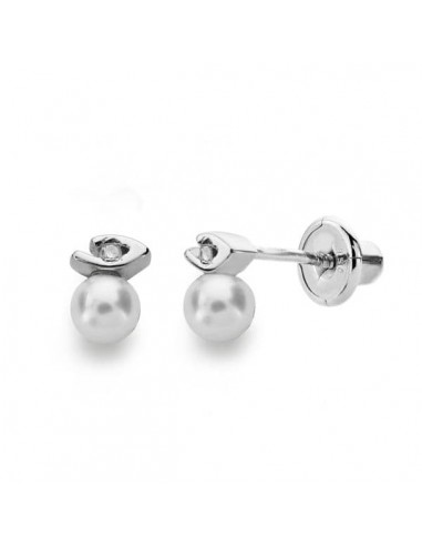 18K PENDIENTES ORO BLANCO PERLA 3 MM DIAMANTES NATURALES SI-H TALLA BRILLANTE 0 012 QTS. CIERRE TUERCA
