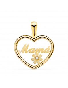 18K COLGANTE ORO AMARILLO CORAZON CON PALABRA MAMA CON FLOR Y CIRCONITA. 19X15MM