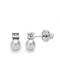 18K PENDIENTES ORO BLANCO PERLA 3 MM DIAMANTES NATURALES SI-H TALLA BRILLANTE 0 012 QTS. CIERRE TUERCA