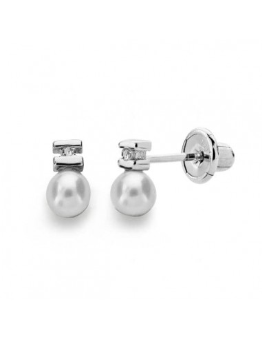 18K PENDIENTES ORO BLANCO PERLA 3 MM DIAMANTES NATURALES SI-H TALLA BRILLANTE 0 012 QTS. CIERRE TUERCA