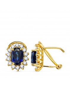 18K PENDIENTES ORO AMARILLO ZAFIRO DIFUSION  7X5 MM 1 96QT Y DIAMANTES LABORATORIO 0 580QT VS2-G. 11 5X9 5 MM CIERRE OMEGA