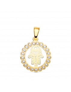 18K COLGANTE AMULETO ORO AMARILLO MANO DE FATIMA CIRCONITA 15 MM