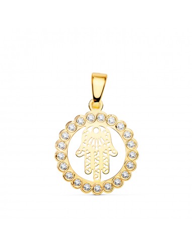 18K COLGANTE AMULETO ORO AMARILLO MANO DE FATIMA CIRCONITA 15 MM