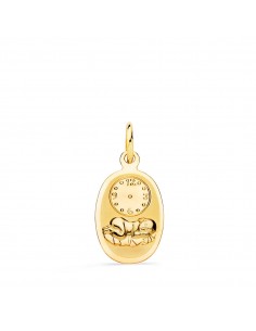 18K MEDALLA ORO AMARILLO OVAL NIÑO DE LA HORA CON RELOJ BRILLO Y MATE 18X10 MM