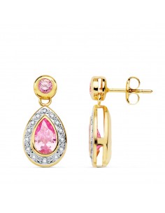 18K PENDIENTES ORO BICOLOR PIEDRAS ROSAS. 19X9 MM CIERRE PRESION