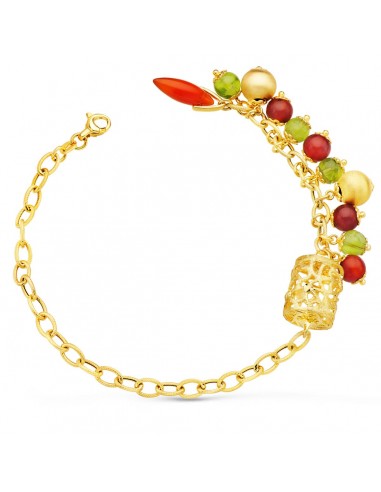 18K PULSERA ORO AMARILLO ESLABONES CON JAULA Y PIEDRAS LARGO 19.5 CM