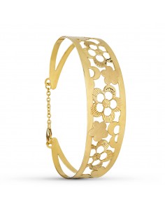 18K PULSERA RIGIDA ORO AMARILLO FLORES MEDIDA INTERIOR 65X55 MM ANCHO TOTAL 20 MM CIERRE MOSQUETON CON CADENA
