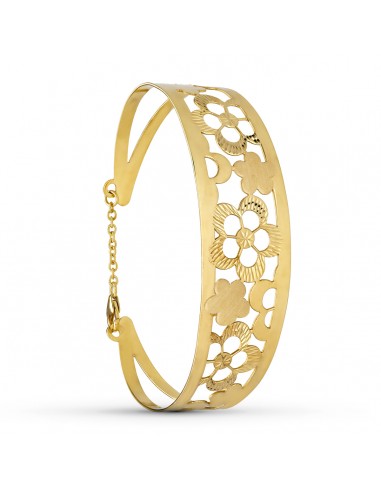 18K PULSERA RIGIDA ORO AMARILLO FLORES MEDIDA INTERIOR 65X55 MM ANCHO TOTAL 20 MM CIERRE MOSQUETON CON CADENA