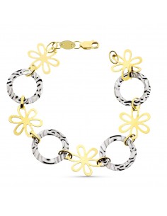 18K PULSERA ORO BICOLOR FLORES Y MOTIVOS REDONDOS CON ONDAS.