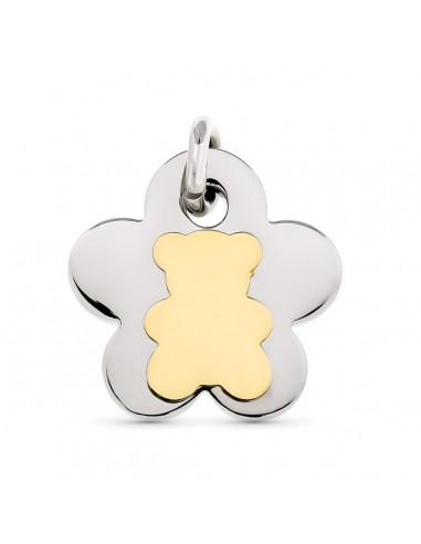 18K COLGANTE AMULETO ACERO Y ORO AMARILLO FLOR Y OSO